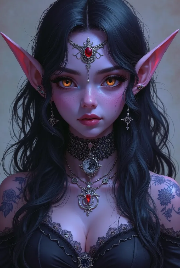 dark elf character young girl with purple skin, amber almond-shaped eyes, face shape oval,  small cheekbones, sharp jaw,  straight, neat nose , dark eyebrows and lashes, black hair with a tint of blue, long graduated wavy hair hairstyle with long bangs on ...