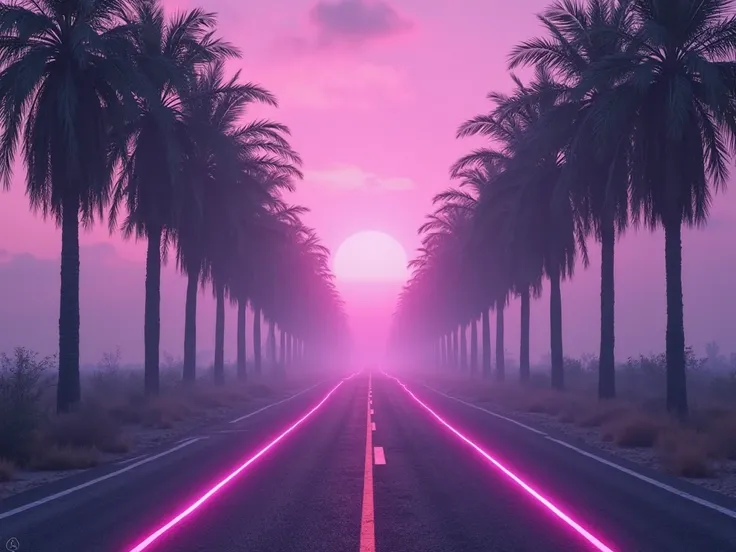 I'm in the hospital, make meA long road stretching into the distance, lined with tall palm trees on both sides. A purple sky with gradient transitions from deep purple to pink, creating the atmosphere of a sunset. The road appears endless, with a light mis...