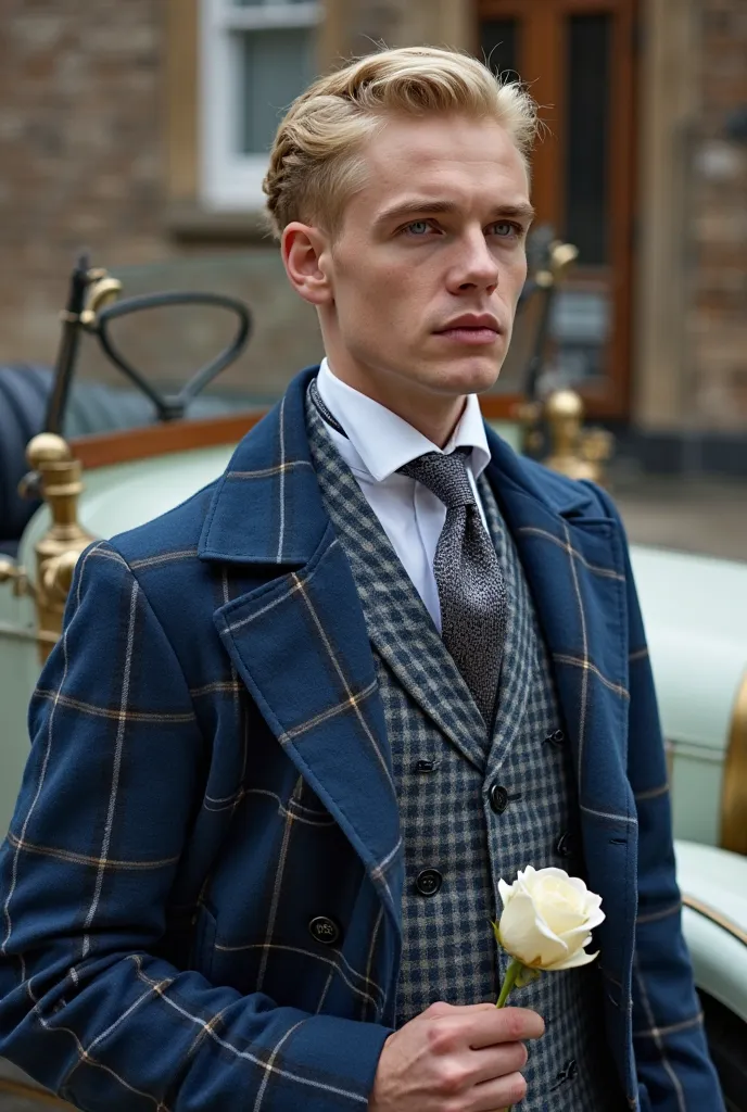 Portrait of a young male capitalist millionaire,  athletic belt,  with a beautiful young face , red,  he wears a blue tartan coat, blue and white striped jacket, silk shirt , lemon-colored hairstyle tie, on his head a dark blue Victorian cylinder with ligh...