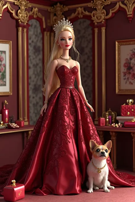 Create a Barbie box with a Barbie-style doll but that is dressed glamorously, In red wine colors with a little dog, Brads style and that your box has its accessories 