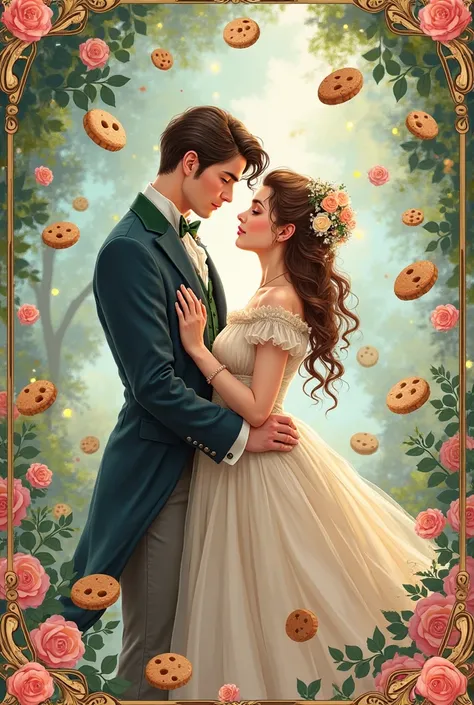 A book cover for a romantic victorian novel with an in Love couple with cookies floating around, manga style illustration the girl is chubby and dressed like in the victorian era