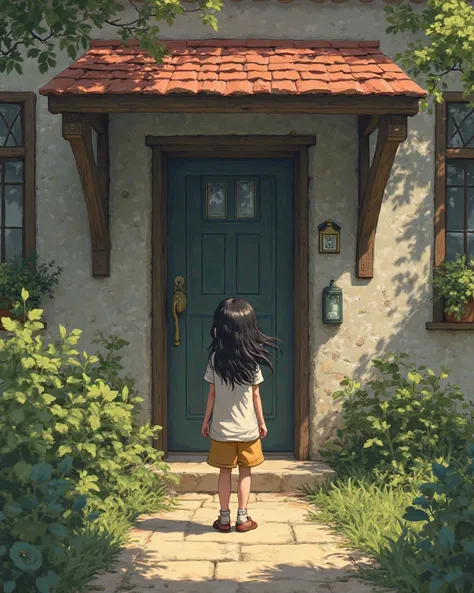 A age girl with wavy black hair knocking on the door of a realistic style house 