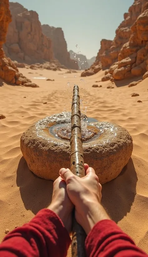 A first-person view of hands holding a rustic wooden staff, He is close and drilling directly into a large rounded rock in the middle of the desert that water is coming out of it and is close to it. The hand holding the staff wears a red cloak, contrasting...