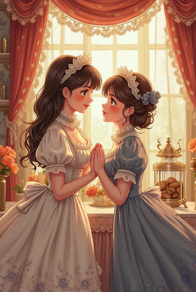 A book cover for a romantic victorian manga with an in Love couple that grabs the same cookie jar, anime illustration in 2D the girl is chubby and dressed like in the victorian era