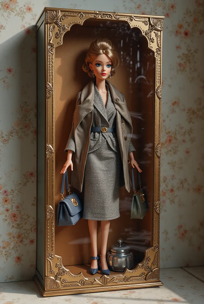 Generate a Barbie box with a Barbie-style doll but that she is dressed old money and that her box has its accessories