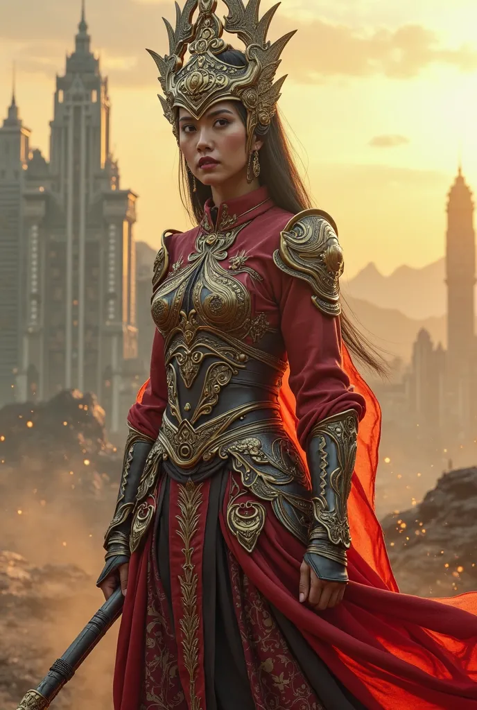 A hyper-realistic futuristic Minangkabau female warrior, wearing an advanced traditional outfit enhanced with high-tech elements. She wears a majestic high-tech Suntiang headdress, crafted from polished metal with intricate gold engravings and subtle glowi...