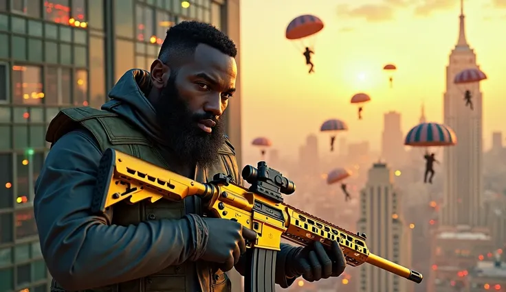 Create an impactful miniature for a Call of Duty Warzone video, featuring a black character with a long beard and short hair. It must be on a roof of a tall building, holding an all-gold AM4 A1 rifle, symbolizing power and exclusivity.

Around him,  Throug...