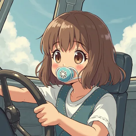 A girl with a pacifier in her mouth and shoulder-length brown hair with bangs, piloting an airplane. wotercolor