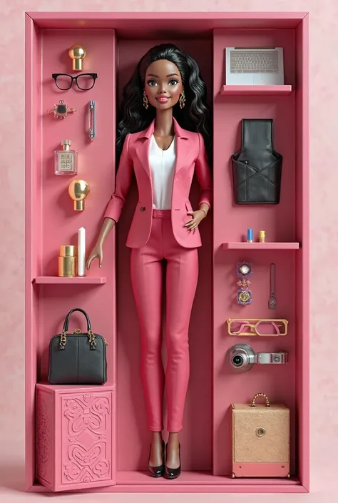 Generate a Barbie box with a Barbie-style doll but that is dressed as an executive and that its box has its accessories