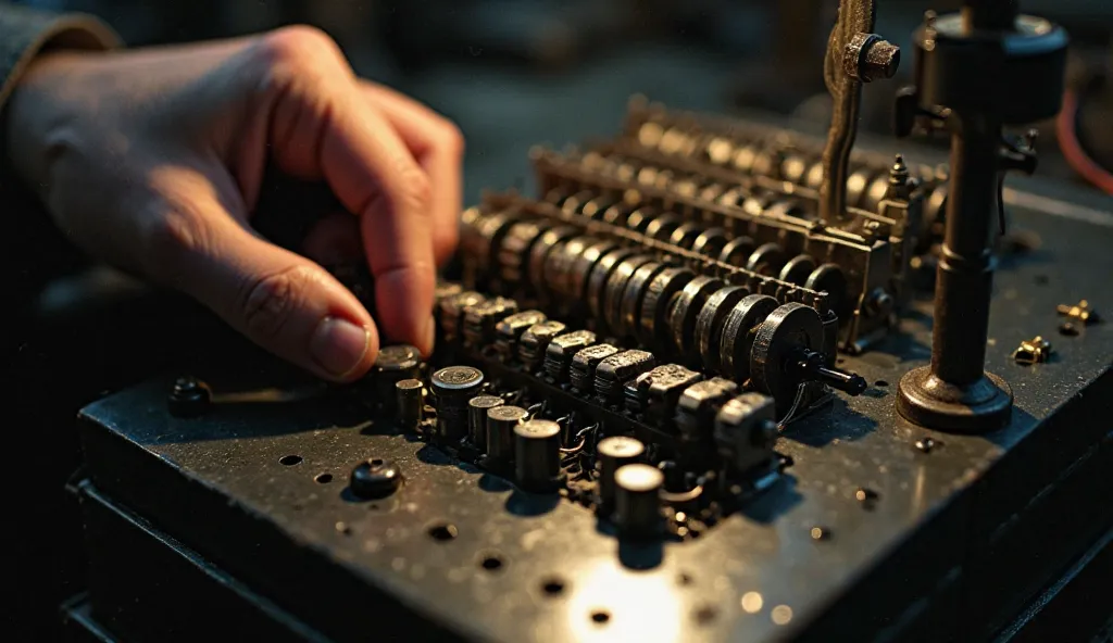 A close-up of the Enigma machine’s internal mechanism, showing its intricate system of rotating metal wheels and wires. The dim lighting highlights the complexity of the gears as a Nazi officer’s hand turns a rotor, changing the machine’s configuration. Th...