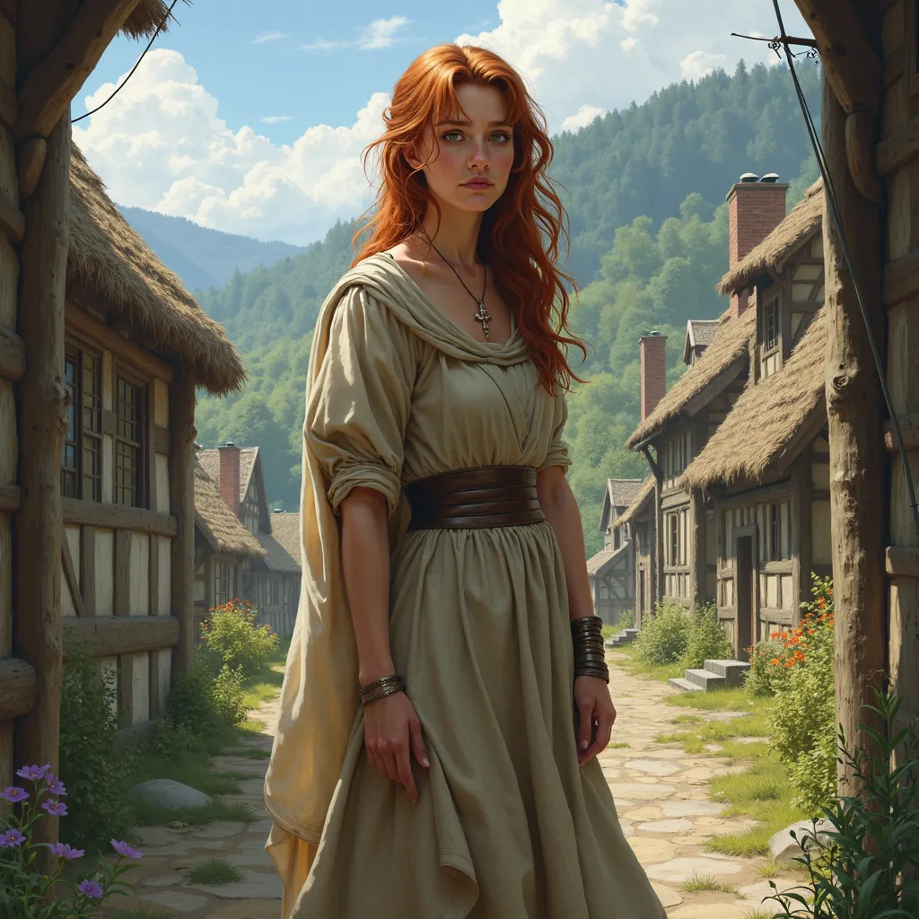 She stands in the settlement, looking around nervously, as if she was looking for something or someone.

Fantasy/Medieval fantasy