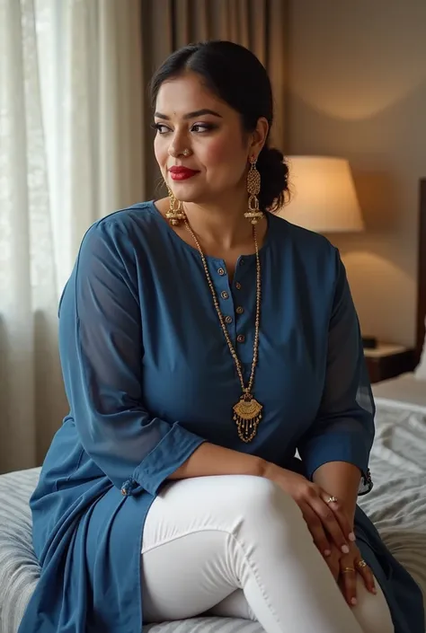 I am 40 year old plus size tall and big giant indian muslim women, looking like indian actress hansika motwani, wearing a indigo short hand full length side slit open tight kurti ,and light white short length capri leggings ,golden nose rings,nose stud, an...