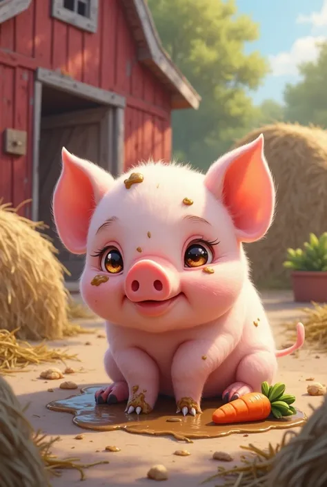 Here's your cute little piglet in kawaii-style, playing in the mud and eating a carrot!  He has glowing eyes and a charming setting with hay and a red barn in the background.