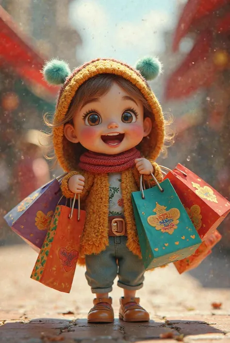 A little doll doing the shopping coming out full of colorful bags is happy