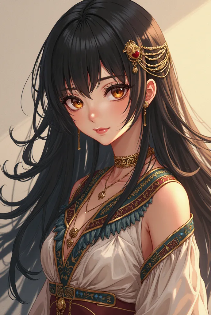 Make me an anime girl with long hair up to her hips color black ,  tapered brown eyes  ,fair skin and wears Egyptian clothes 