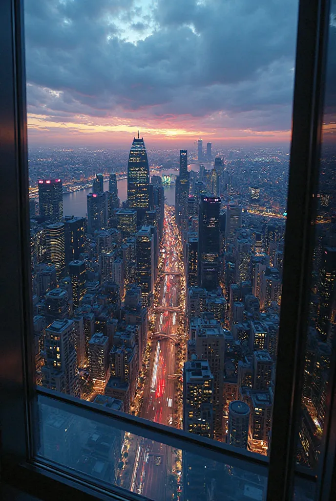 "A hyper-realistic, high-resolution digital image capturing a stunning view of a modern city skyline from a high-rise balcony at dusk. The horizon glows with the last light of the sun, transitioning into deep blue as night falls. Below, a dense grid of sky...