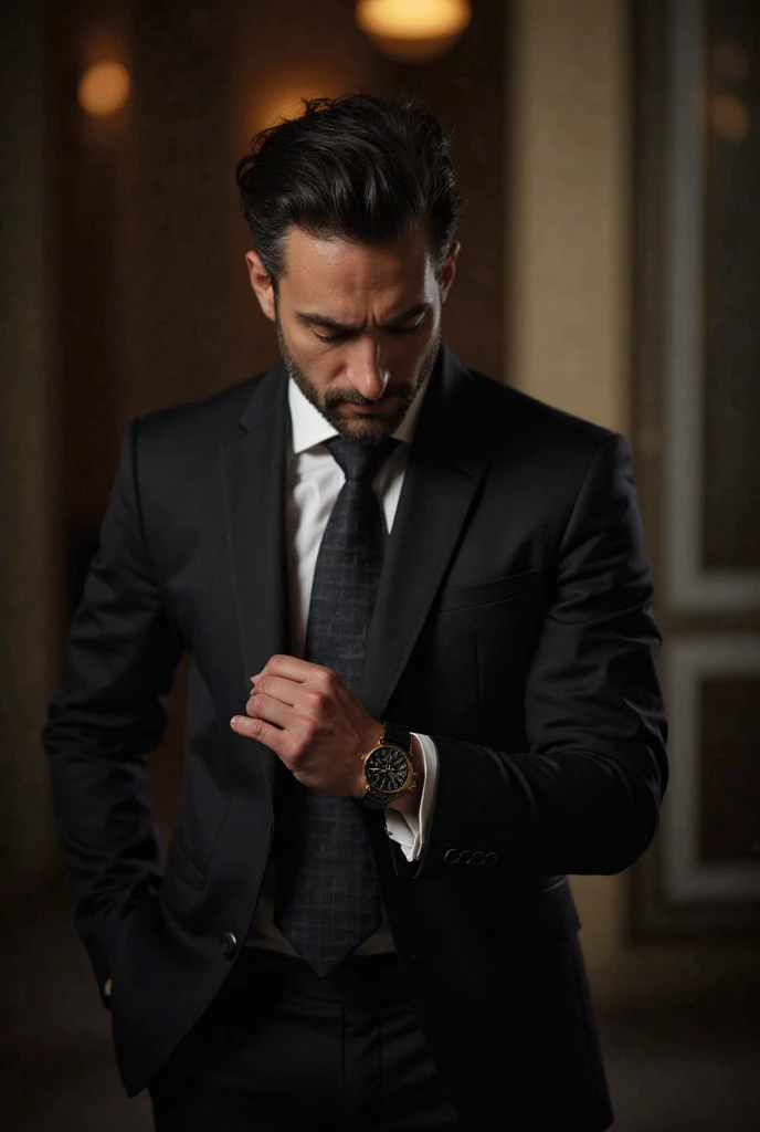 A well-dressed man in a black suit, standing in a sophisticated environment. He is looking at his luxury watch with a serious and thoughtful expression. The lighting creates a dramatic effect, emphasizing the tension on his face. The background is blurred,...