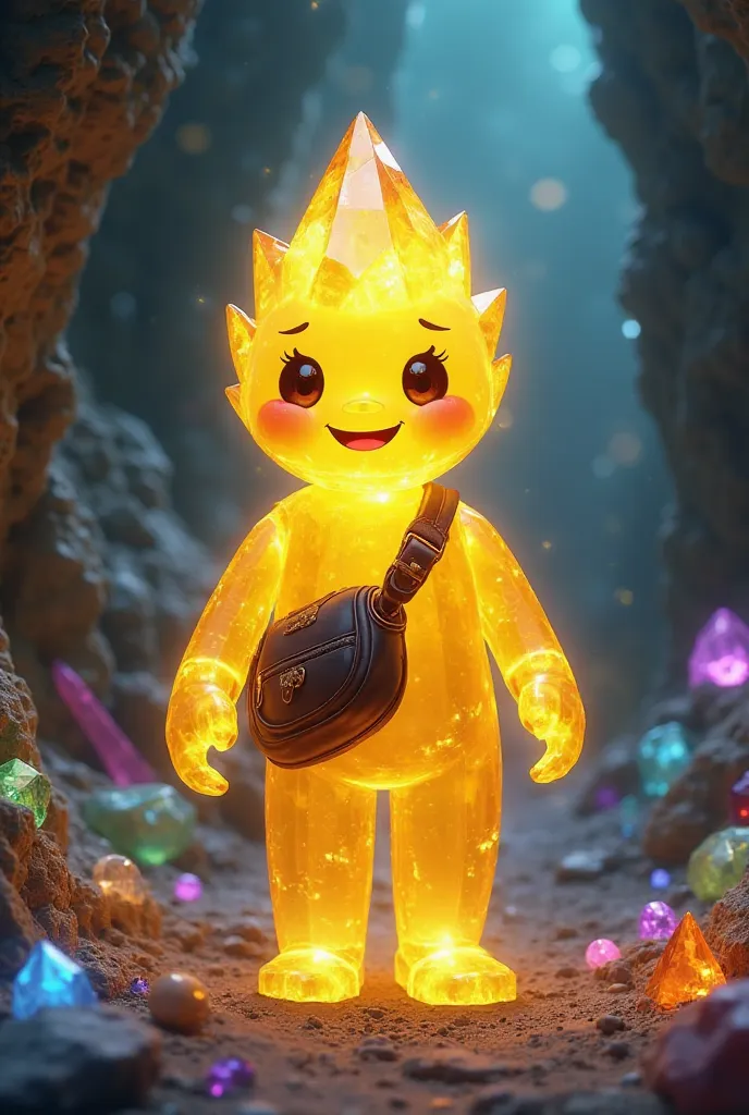 A yellow crystal character with arms and legs, ,cross bag ,big eyes and a smile in a cave with some gems on the floor