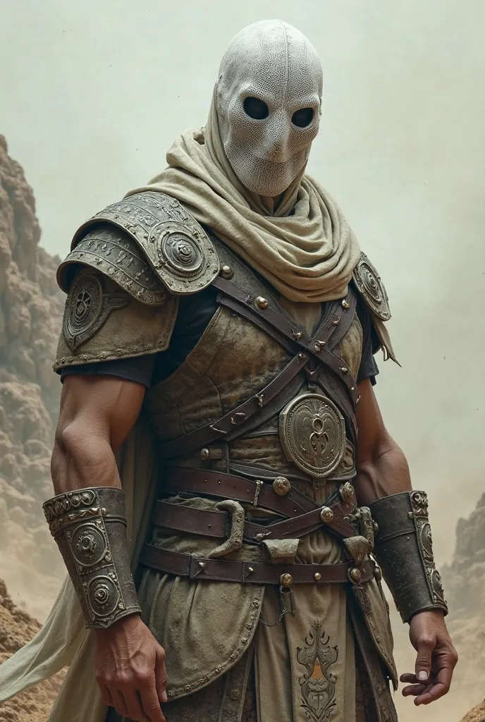 Warrior man with a white net worn as a mask to hide his face 