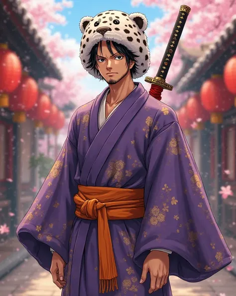 "A highly detailed, anime-style character resembling Trafalgar Law from One Piece in his Wano Arc outfit. He is wearing a long, flowing purple kimono with golden floral patterns and an orange obi sash around his waist. The kimono has extra-wide sleeves tha...