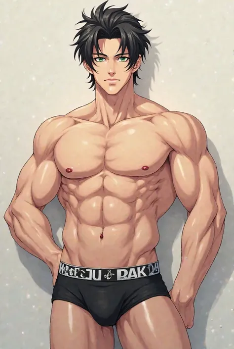 A white anime man with a defined abdomen wearing black boxer underwear with black hair with green eyes 