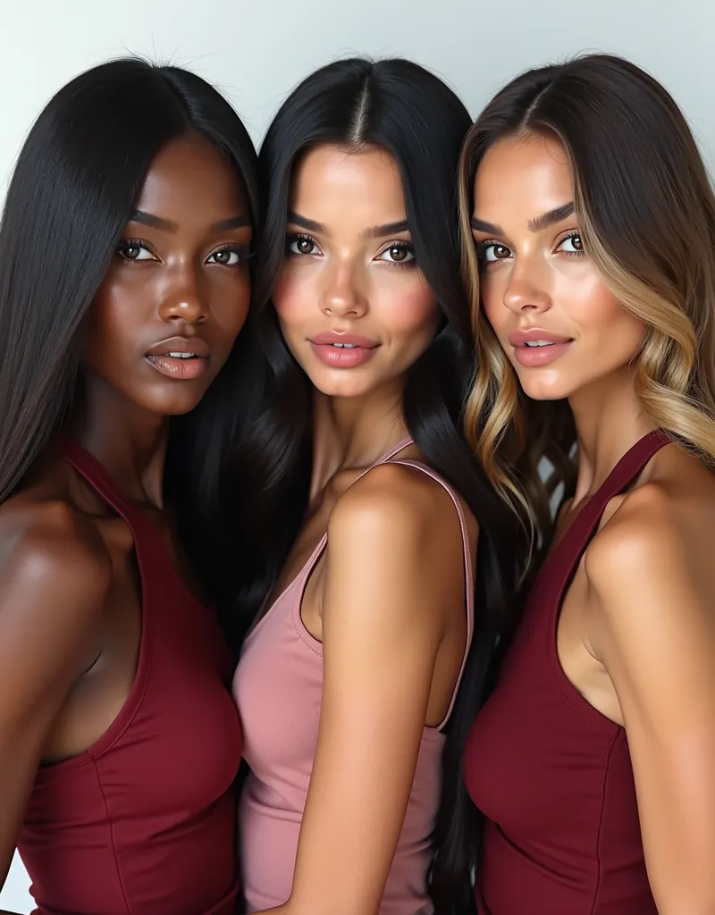 3 beautiful women with Latin features are next to each other with beautiful hair, shiny and nourishing , all 3 look totally different and the image must be super realistic and natural. The first woman has light brown skin and long and very smooth dark choc...