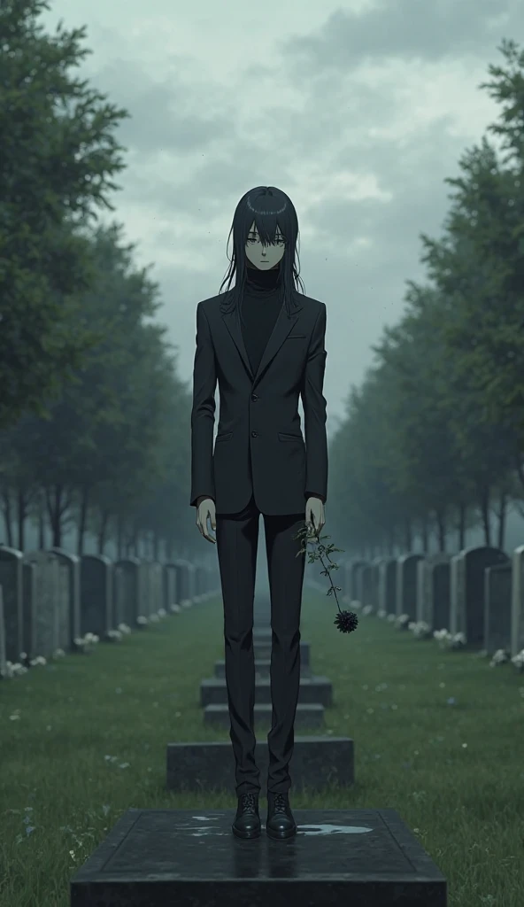 An anime man in black suit with turtle neck with long hair and with black flower is standing in front of a grave of his love.