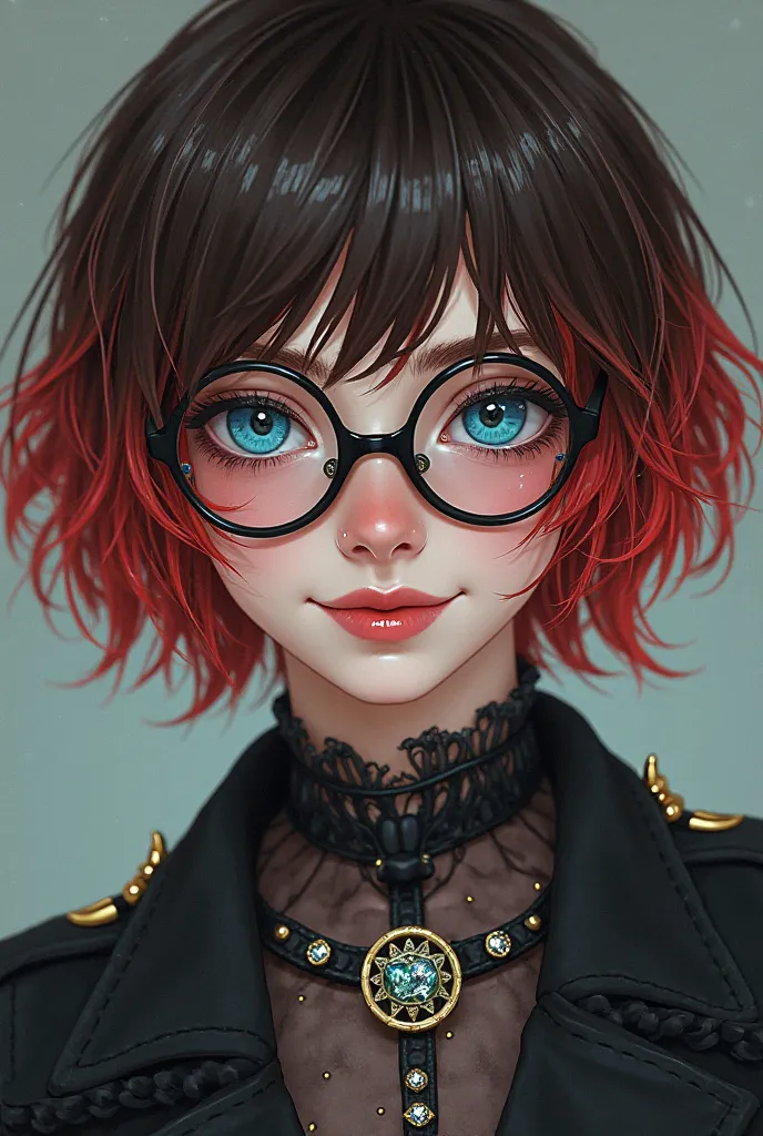  put on a strangely cool goth girl with short red and brown hair, glasses and a big smile , blue eye color ,  wearing jewelry and fashion Vivienne Westwood 