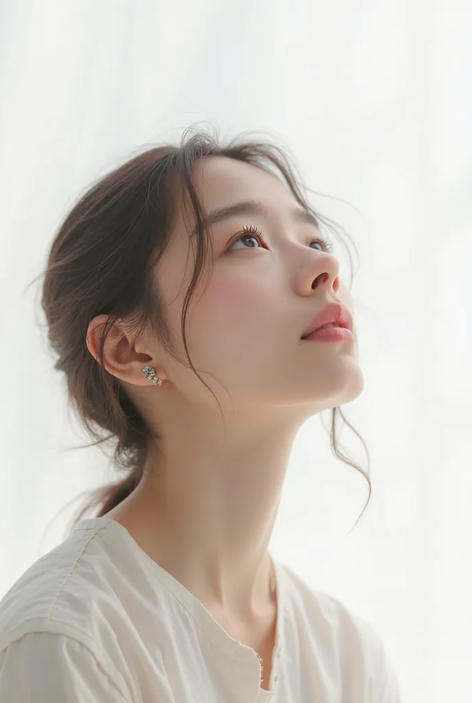 Same woman, plain white background, looking to the sky