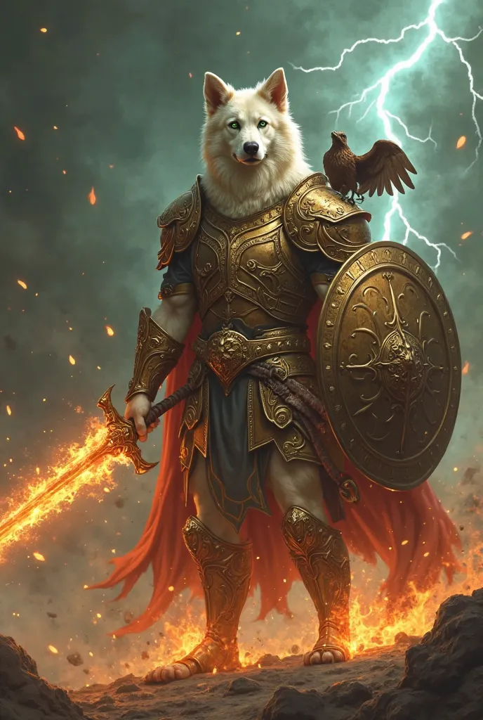 Create full-body image of a dog in human form ,  with green eyes , with a flaming sword in his right hand and a shield in his left hand , And an eagle on your shoulder and flames on your paws and a golden armor , lightning in the background 