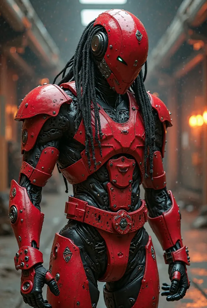 Robot man cyborg red helmet with small black eyes long black mechanical dreads red costume with white details black joints red belt red waist red shin guards red bracelets one of the left bracelets with a flamethrower setting off fire black gloves setting ...