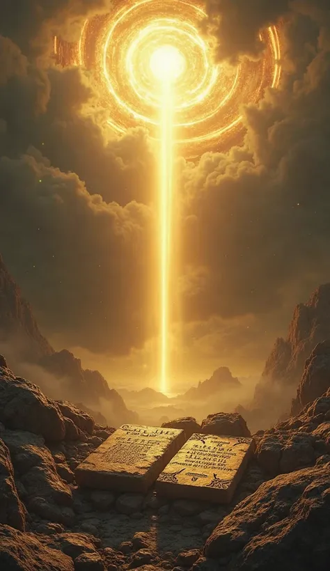 An epic and mystical scene in a rocky environment.  In the center of the image , there are two ancient stone tablets resting on irregular rocks, covered by sacred or mysterious inscriptions. A powerful ray of golden light descends from the sky and hits dir...