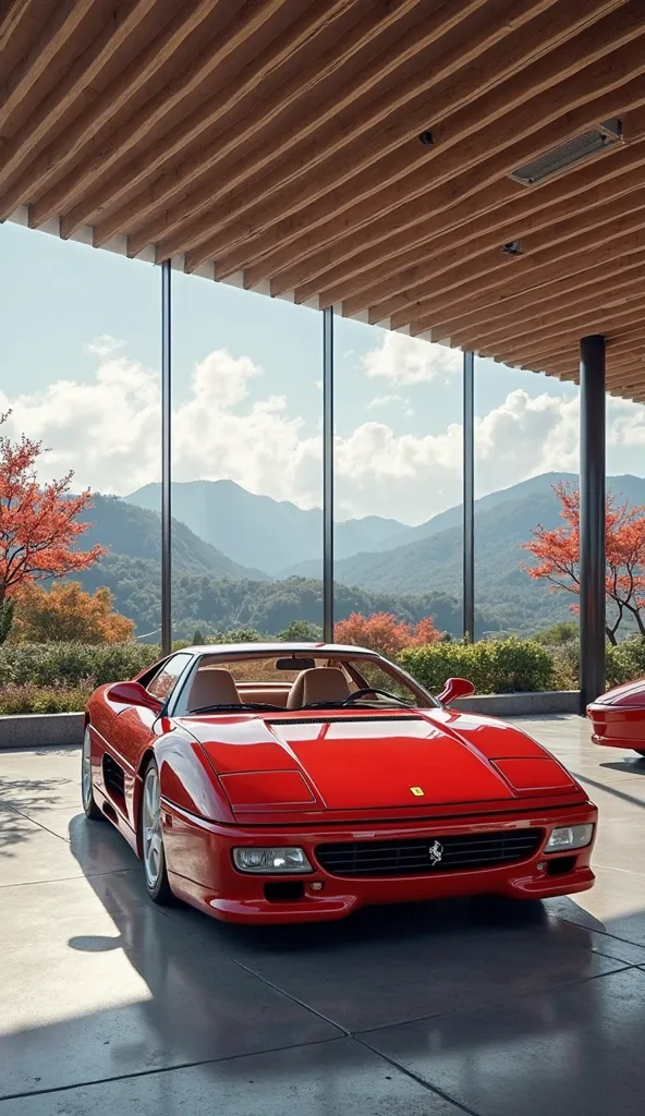 create an architectural showroom car followed by a japanese  modern architectural style. An architect building ( not a car). Landscape architect, realistic render. A showroom car(Ferrari F355) 