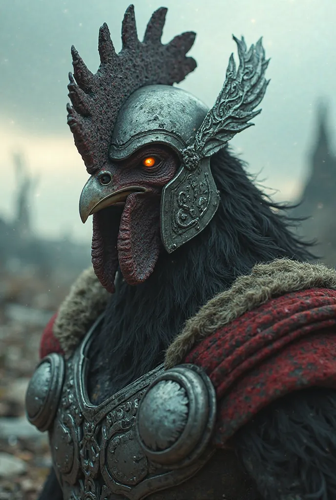 Character of Thor with a war helmet and the face of a rooster, and very close to the vision of his face...in a realistic post-apocalyptic scenario
