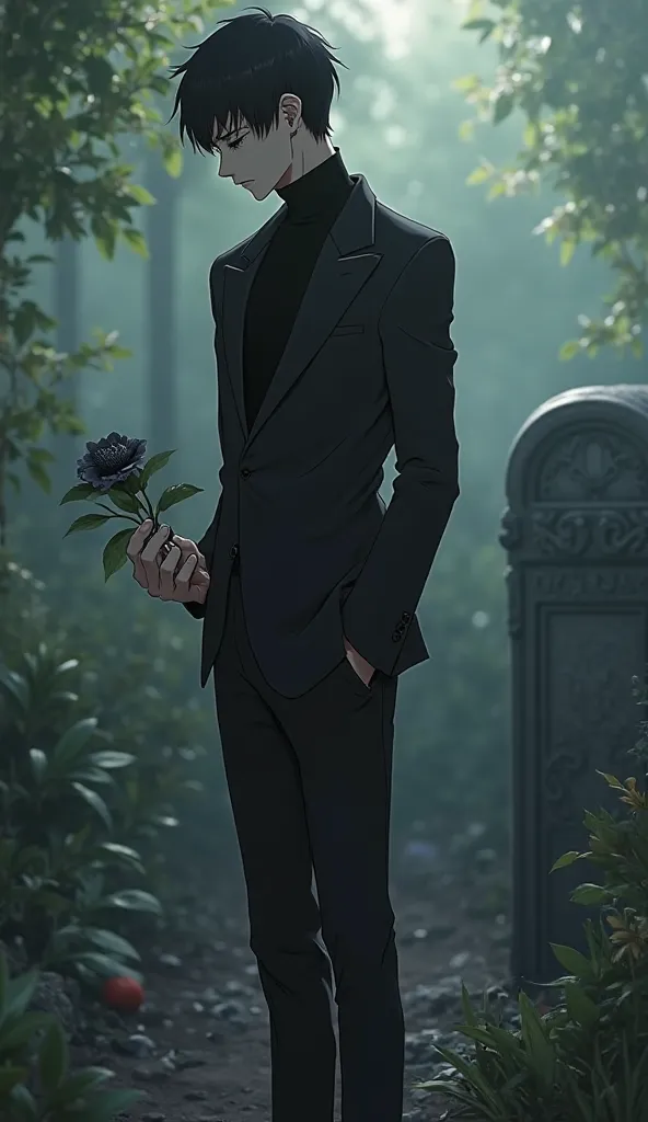 An anime man in black suit with turtle neck and with black flower is standing in front of a grave of his love.