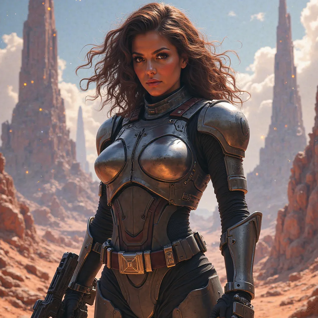 Sexy warrior woman with curly and brown hair in Star Wars style 