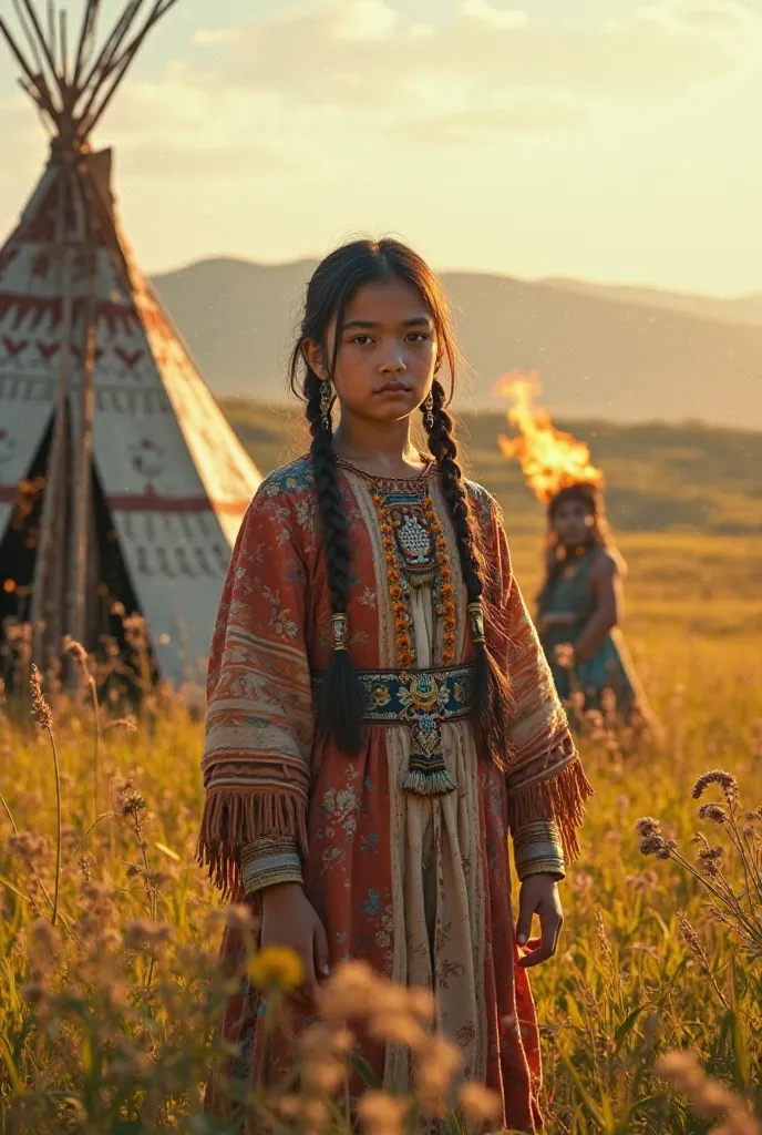 Indian girl from the Redskin tribe, stands in a sunny meadow. Next to the wigwam and the Maslenitsa scarecrow. The scarecrow is burning. girl looks at me