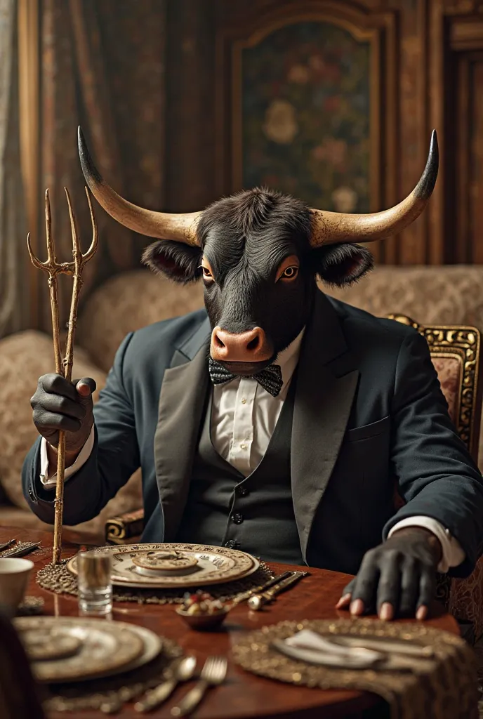 A mighty bull in an expensive suit, sitting at a luxuriously set table. In one hand is a glass of wine, in the other hand there are pitchforks, and behind is a cozy house with a huge sofa, soft blankets and an atmosphere of absolute comfort.