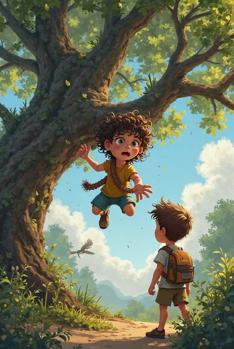 Image of the curly-haired boy falling from a tree while a smooth-haired boy is watching him fall