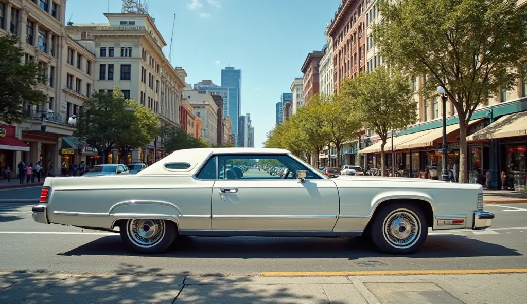 "A pristine white 1979 Lincoln Continental parked on the side of a wide street in a beautiful American city. The image captures a full side view of the car, showcasing its long, sleek body, chrome trim, vinyl roof, and luxurious design. The setting include...