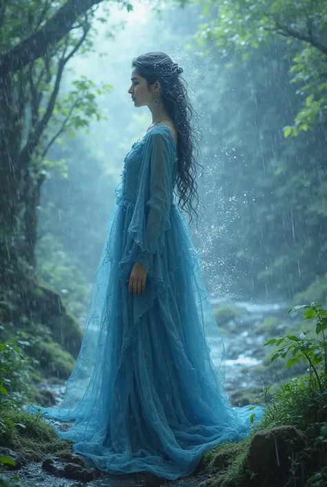 The goddess of rain is a young woman with skin as blue as the sea and dressed in long sleeves 