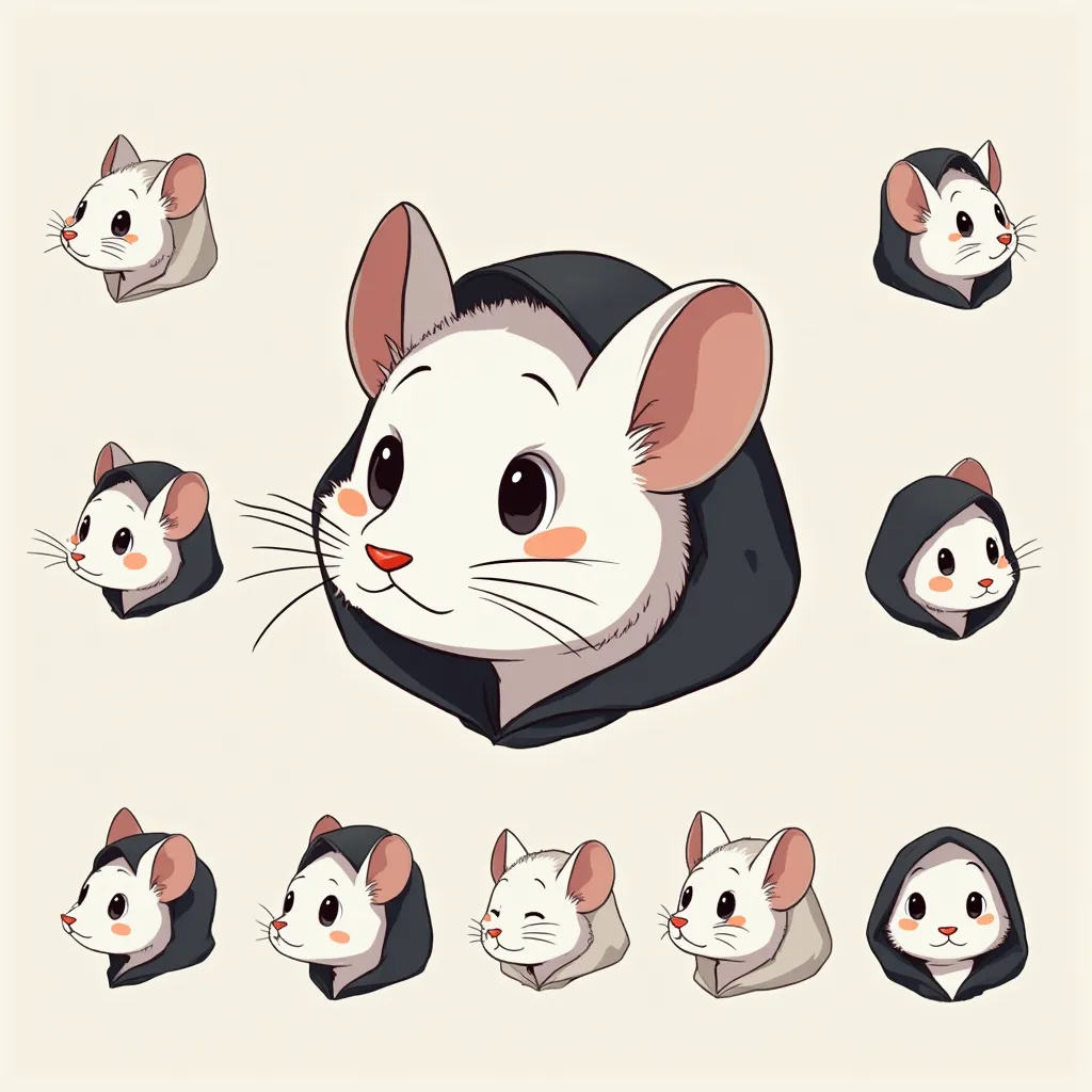 White rat head with multiple expressions character sheet, black hood, doodle style, minimalist design, flat color, illustration, simple chibi.