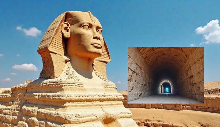 A high-resolution, vibrant image of the Great Sphinx of Giza under a bright blue sky, with a close-up inset of a mysterious tunnel leading inside the structure, showcasing the detailed texture of the Sphinx's face and the narrow, dark tunnel with visible l...