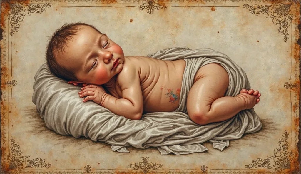 (A Leonardo da Vinci style drawing, colorful polychromatic , on old, yellowed paper, What does it portray with burnt edges:)   a newborn baby with a birthmark identical to a wound from a past life.