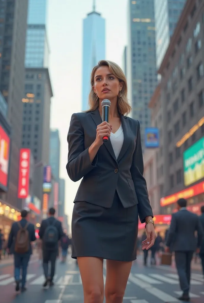 The image of a female journalist giving a news story in the streets 
