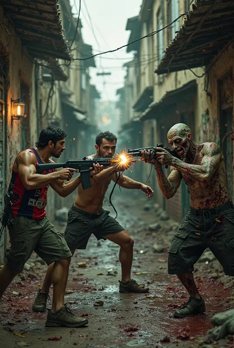 In a narrow alley inside a Rio favela, four Brazilian drug traffickers shoot at a grotesque zombie that advances fearlessly. The favela in the background is a labyrinth of narrow alleys,  exposed brick houses , tangled electrical wires and graffiti on the ...