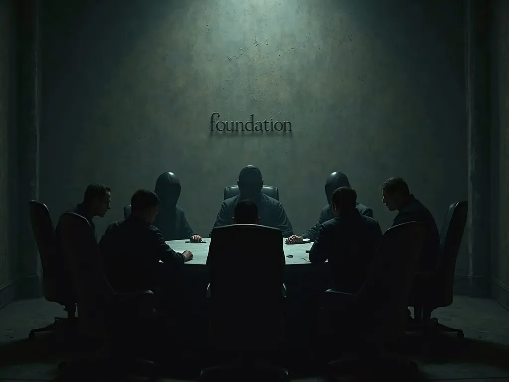 

Silhouettes of mysterious figures in a meeting room,  with the word "Foundation" engraved on the wall