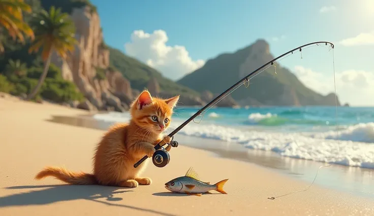 real life cinematic full hd, ginger kitten goes fishing on the beach with a fishing rod and reel, hes caught a fish