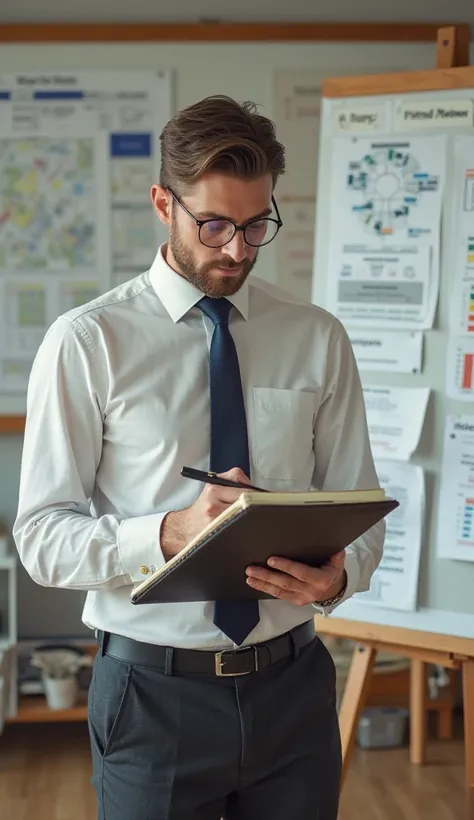 A man in perfectly ironed clothes, with a notebook and pen in his hands, looking at the world through a magnifying glass. There are perfectly placed objects, and behind is a giant board with plans, checklists and diagrams.