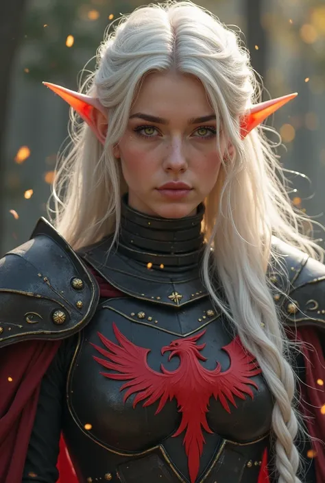 Picture a handsome elf from the world of warcraft, long white hair,  that are developing in the wind .  long elven ears . The eyes are glowing with golden light,  is like magic . She is wearing black red armor, and there's a red phoenix on my chest. Pictur...